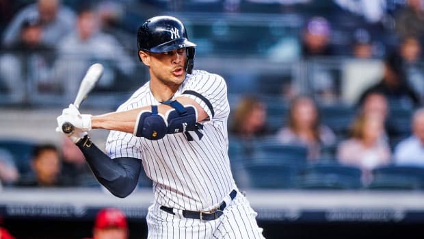 New York Yankees' Giancarlo Stanton at bat